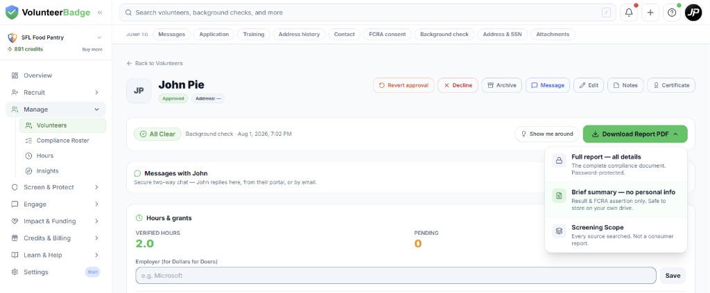 Download a background-check report — full vs privacy-safe